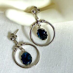 Vintage Silver-Tone Dangle Earrings with Blue Glass Cabochon Drop